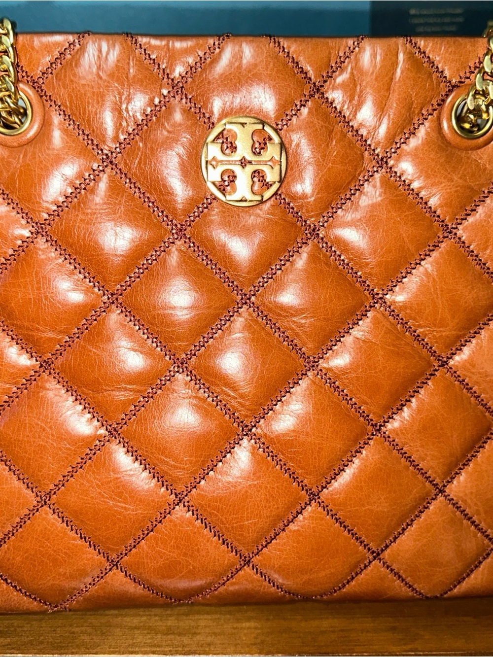 Tory Burch Quilted Leather Chain Shoulder Bag - Cognac Brown with Gold Hardware